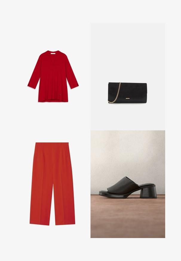 Blouse rouge à col en V avec manches trois-quarts, en tissu lisse. Présente un ourlet discret et un petit logo d'accent en bas.; Pantalons larges rouges en tissu lisse, dotés de poches latérales et d'une coupe ajustée. Lignes épurées sans fermetures visibles.; Mule noire à bout ouvert avec talon carré et tige en cuir texturé, suspendue au-dessus d'une surface grise avec un fond sombre flou.; Porte-monnaie noir en daim avec une finition texturée, doté d'une chaîne dorée et d'un design épuré et angulaire.