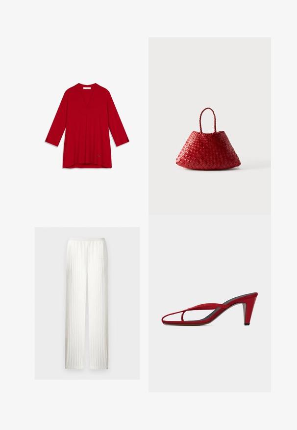 Blouse rouge à col en V avec manches trois-quarts, en tissu lisse. Présente un ourlet discret et un petit logo d'accent en bas.; Pantalon en tricot écru avec motif torsadé vertical, coupe droite et ceinture élastique.; Sandale à talon haut rouge avec fines lanières et orteils ouverts, présentée sur un fond blanc.; Sac à main en cuir tressé rouge avec une forme triangulaire arrondie et deux poignées tressées sur fond blanc.