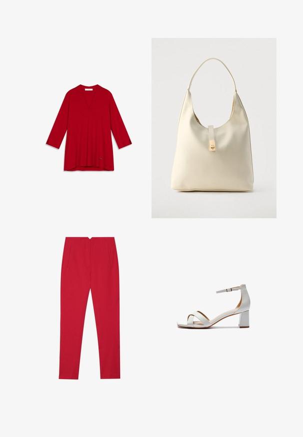 Blouse rouge à col en V avec manches trois-quarts, en tissu lisse. Présente un ourlet discret et un petit logo d'accent en bas.; Pantalons ajustés rouges avec une finition texturée, dotés de poches avant et d'un design à jambe droite. La taille présente une découpe en forme de V à l'arrière.; Sandales blanches en cuir avec un talon carré et une bride à la cheville ; elles présentent des bandes croisées à l'avant et un design lisse et épuré.; Sac hobo en cuir couleur crème avec une seule bandoulière, texture lisse et un détail de fermoir doré à l'avant.