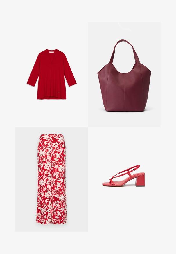 Blouse rouge à col en V avec manches trois-quarts, en tissu lisse. Présente un ourlet discret et un petit logo d'accent en bas.; Jupe maxi florale rouge en tissu léger. Caractéristiques de grands motifs de fleurs blanches et d'une taille ajustée, offrant une silhouette droite.; Sandales à talons hauts rouges avec un bout carré, des fines lanières et un design de talon bloc. Fabriquées en cuir lisse avec une finition brillante.; Sac fourre-tout en cuir bordeaux avec deux poignées robustes, présentant une texture lisse et un design effilé avec des détails de couture à l'avant.