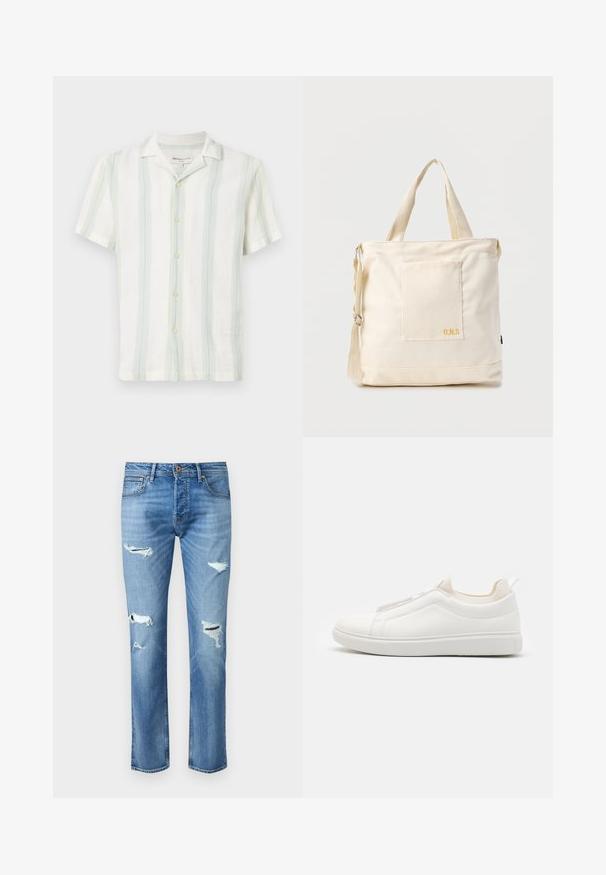Lühikeste varrukatega valge kaelusega särk, millel on vertikaalsed helesinised ja rohelised triibud. Textuuriga kangas, esipoolne nööbiliug ja tavaline serv.; Heledad sinine denim püksid otse lõikega, millel on mitu kulunud ala ja frayed detailid põlvedel. Vaskaktsendid.; Valged libisemisega tennised tekstureeritud nahkpealsega, elastsete külgplaatide ja kummist tallaga. Minimaalse disainiga ilma nähtava brändita.; Kreemjas lõuendist käekott esiosa taskuga, kahe käepidemega, reguleeritava õlarihmaga ja väikese kollase "O.N.S" tekstiga tasku all paremal.