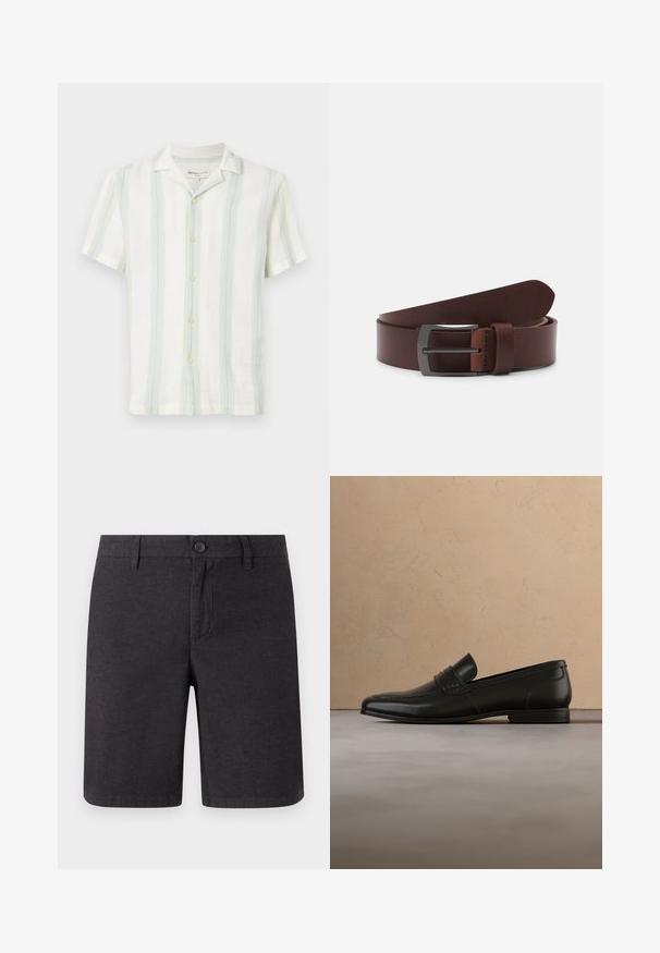Korte mouwen, overhemd met kraag in het wit met verticale strepen in lichtgroen en blauw. Getextureerde stof met knopen aan de voorkant en een standaard zoom.; Donkergrijze shorts van geweven stof, met een knoopsluiting, riemlussen en een recht gesneden ontwerp, met schone zoomrand en zijzakken.; Zwarte leren loafer schoenen zwevend in de lucht boven een beige tapijt met een beige bank op de achtergrond.; Bruine leren riem met een gladde textuur, voorzien van een gebogen punt en een rechthoekige metalen gesp in een donkere afwerking.