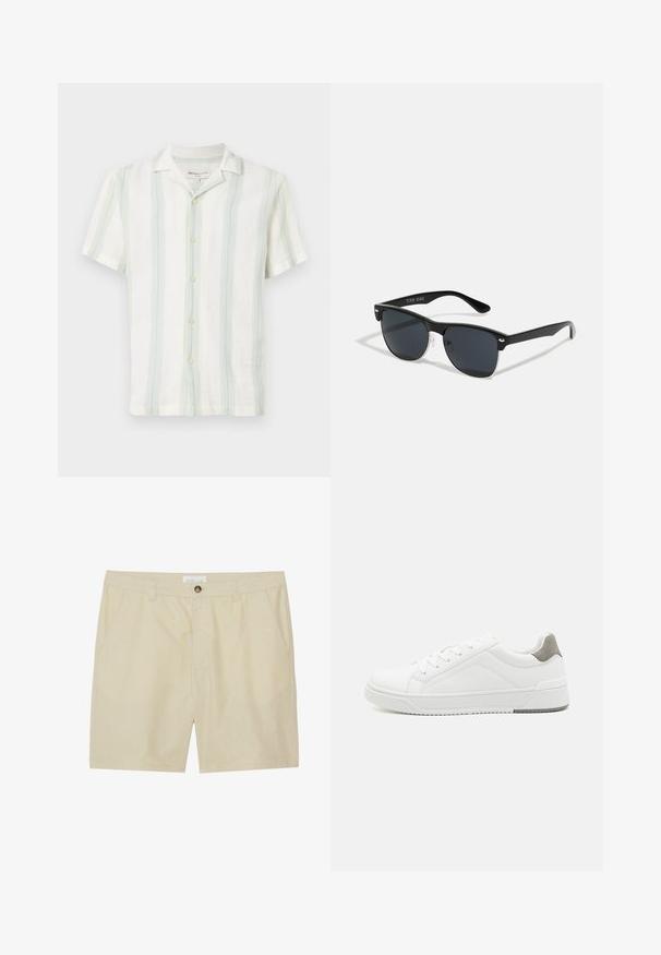 Camisa de manga corta con cuello en blanco, con rayas verticales en verde claro y azul. Tela texturizada con botones en la parte delantera y un dobladillo estándar.; Shorts beige hechos de una tela ligera, con un diseño frontal plano, bolsillos laterales y un cierre de botón en la cintura.; Zapatilla blanca con material de cuero liso, punta redonda, diseño minimalista, acento gris en el talón y suela de goma texturizada.; Gafas de sol negras con forma rectangular, lentes oscuros, detalles plateados en las patillas y un acabado mate en la montura.