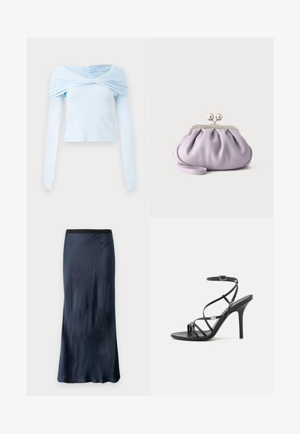 Haut à manches longues bleu clair avec un design froncé dénudé des épaules et une texture douce, présentant un corps ajusté et des détails de couture subtils.; Jupe A-ligne marine en satin lisse avec une taille élastique noire. Présente un léger éclat et un design longueur sol.; Sandale noire à talons hauts avec des brides fines, une boucle à la cheville, une surface en cuir lisse et un talon aiguille élancé.; Pochette lavande douce avec tissu froncé, fermoir kiss-lock argenté et bracelet assorti sur un fond clair uni.