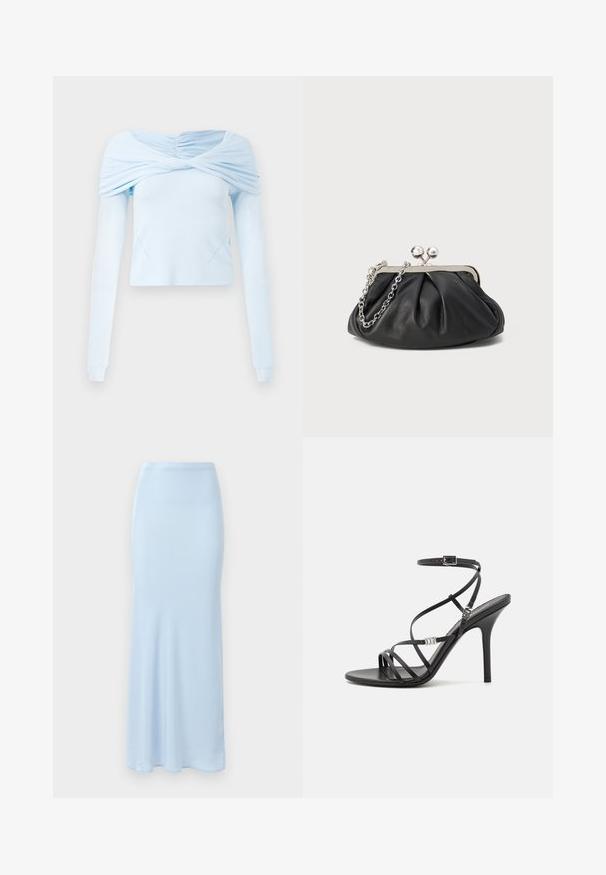 Helles blaues Langarmoberteil mit gerafftem Off-Shoulder-Design und weicher Textur, das einen figurbetonten Schnitt und subtile Nahtdetails aufweist.; Himmelblaue, bodenlange Satinrouche mit einer taillierten Taille und einem leichten Ausstellungsende vor einem weißen Hintergrund.; Schwarze High-Heel-Sandale mit dünnen Riemen, einem Knöchelverschluss, einer glatten Lederoberfläche und einem schlanken Stiletto-Absatz.; Schwarze Leder-Clutch mit geraffter Textur, silberfarbener Metallrahmen, Druckverschluss und Kettenriemen. Glatte, weiche Oberfläche.