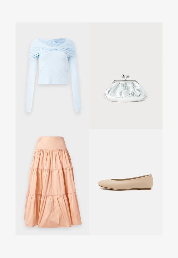 Lyseblå langærmet bluse med indsamlet off-shoulder design og blød tekstur, der har en tætsiddende pasform og diskret sømdetaljering.; Ferskenfarvet, lagdelt nederdel lavet af letvægtsmateriale. Har en bredtalje og blød, rynket tekstur over det hele.; Beige læder balletflade med afrundet tå, minimal sømdetaljering, lav hæl og subtilt logo på bagsiden. Glat, mat tekstur.; Lille sølvfarvet metallisk clutch-pung med rundet, rynket design og lukning med to sølvkugler.