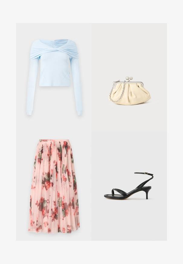 Haut à manches longues bleu clair avec un design froncé dénudé des épaules et une texture douce, présentant un corps ajusté et des détails de couture subtils.; Jupe en tulle avec une base rose pâle, présentant un motif floral en rouge et vert. Le tissu est transparent avec des plis froncés à la taille.; Sandale pour femme en cuir noir avec fines lanières, une boucle d'orteil, une boucle à la cheville et un talon aiguille de hauteur moyenne sur un fond neutre.; Pochette en cuir beige plissé avec un cadre en métal argenté, dotée de deux fermoirs ronds décoratifs et d'une chaîne en argent.