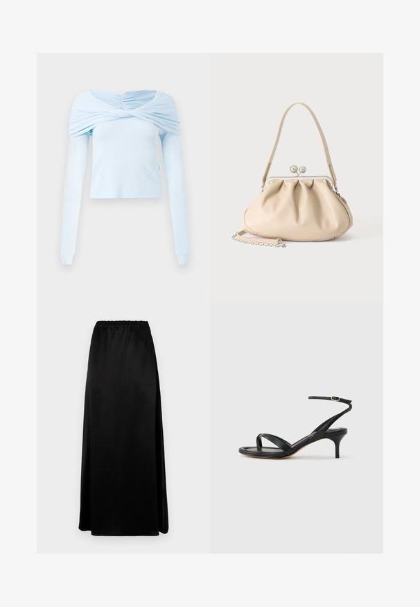 Lyseblå langærmet bluse med indsamlet off-shoulder design og blød tekstur, der har en tætsiddende pasform og diskret sømdetaljering.; Lang sort nederdel med en glat, krøllet tekstur og en elastisk talje. Har en sideslids for nem bevægelse og en strømlinet silhuet.; Sort damesandal i læder med tynde remme, en tå-loop, ankelspænde og en mellemhøj stiletthæl på en neutral baggrund.; Beige blød læderhåndtaske med en sølv metalramme-lukning, enkelt skulderstrop og en valgfri kæderem på en hvid baggrund.
