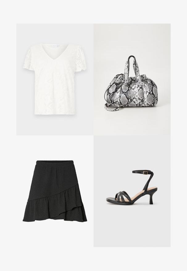 Camiseta blanca de manga corta con escote en V y textura de encaje floral, que presenta un corte ligeramente holgado y un material suave y ligero.; Falda envolvente negra con textura, bajo asimétrico con volantes y cintura elástica.; Sandalias negras de tacón alto con múltiples tiras finas en la parte delantera, una sola tira en el tobillo con un hebilla dorada y punta cuadrada.; Bolso de mano con patrón de piel de serpiente en blanco y negro, con dos asas, un cierre de cordón y una correa para el hombro desmontable. Textura suave.