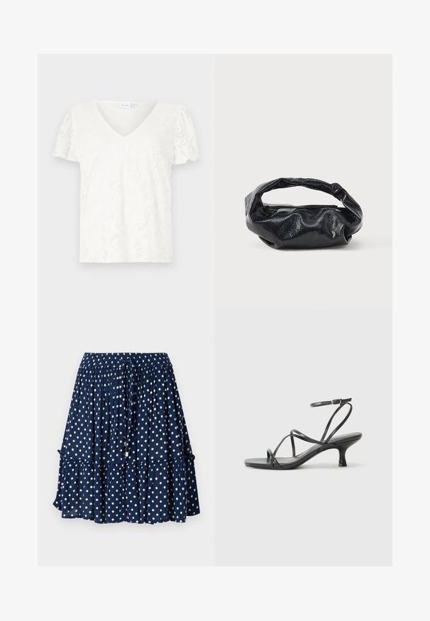 Hvid kortærmet t-shirt med V-hals og blomsterlacedesign, der har en let løs pasform og blødt, let materiale.; Mørkeblå skirt med hvide prikker, der har en flæse i bunden og en elastisk talje med snøre til justerbar pasform.; Sorte hælede sandaler med tynde stropper, åbent tådesign og en lille, flared hæl. Materialet ser glat og blankt ud.; Sort taske lavet af blankt, tekstureret materiale med et cirkulært, snoet håndtag og lynlås. Har et blødt, rynket design.