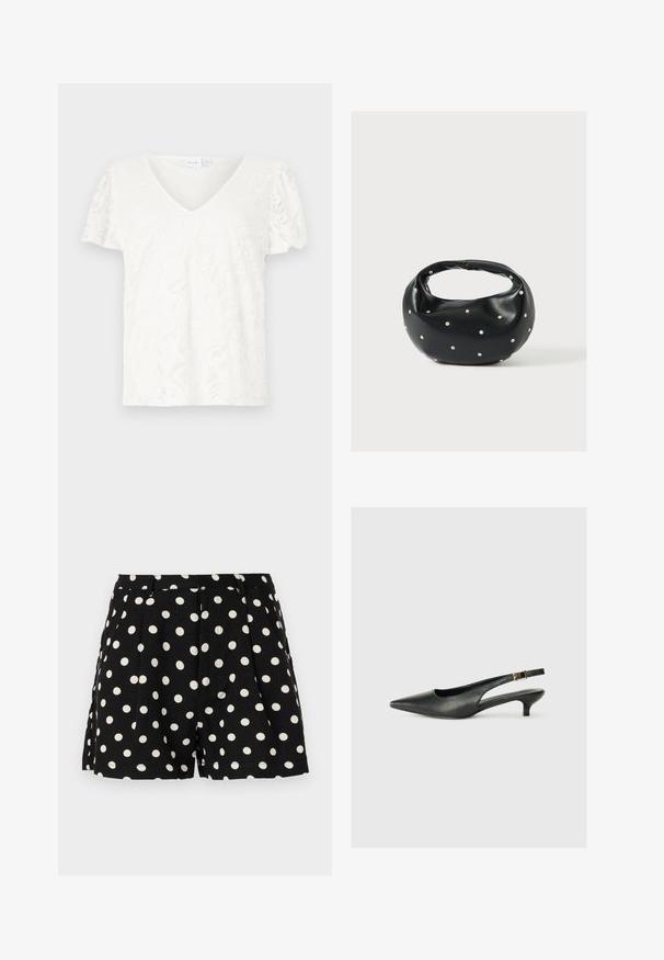 Hvid kortærmet t-shirt med V-hals og blomsterlacedesign, der har en let løs pasform og blødt, let materiale.; Sorte shorts med hvide prikker, der har folder foran og sidelommer. Fremstillet af et let materiale.; Sorte spidse slingback-sko lavet af glat læder. Har en tynd hæl og en spænde detalje på den justerbare rem.; Sort læderhåndtaske med en rundet form, dekoreret med sølvnitter, og et kort håndtag. Glat tekstur og lynlåslukning.