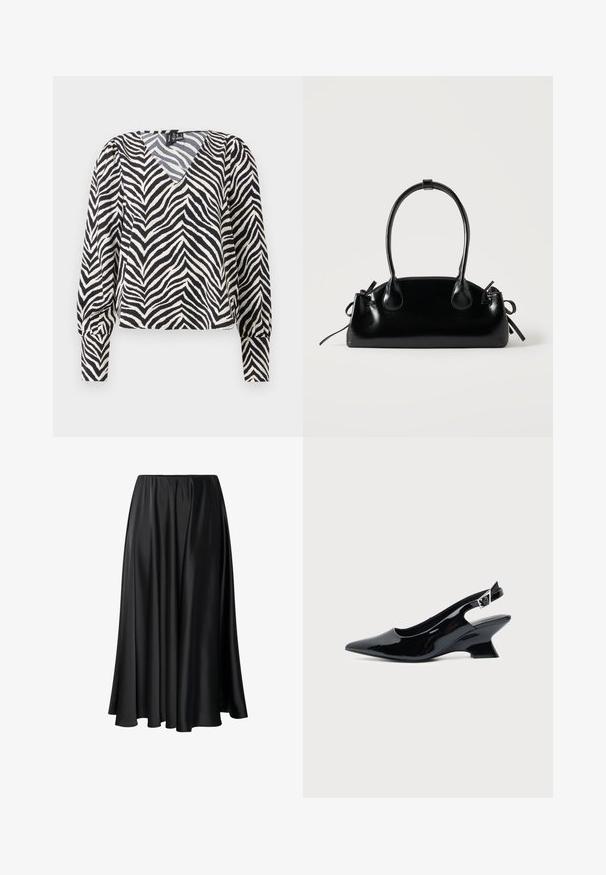 Zebra-gepatroneerde blouse met een V-hals, zwart en crèmekleuren, lange mouwen en een licht cropped ontwerp. Beschikt over elastische manchetten en een zachte textuur.; Zwarte maxi rok van gladde stof, met een elastische tailleband, een volle silhouet en een vloeiende zoom zonder zichtbare patronen of details.; Zwarte lakleren slingback schoen met spitse neus en lage schuine blokhak op een effen lichte achtergrond.; Kleine zwarte glanzende handtas met twee lange hengsels en zijkant trekkoord details op een effen lichte achtergrond.