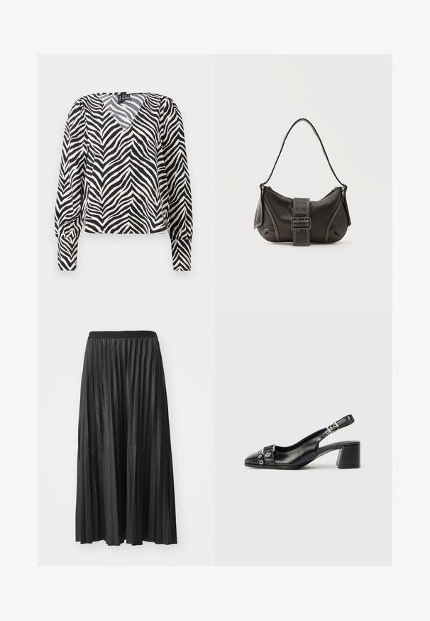 Zebra-gepatroneerde blouse met een V-hals, zwart en crèmekleuren, lange mouwen en een licht cropped ontwerp. Beschikt over elastische manchetten en een zachte textuur.; Zwarte geplisseerde maxi rok met een gladde textuur en een elastische tailleband, met verticale plooien die volume en beweging creëren.; Zwart leren slingback hak met een spitse neus, eenTextuur strap met cirkelvormige metalen accenten en een gestapelde blokhak.; Zwarte leren schoudertas met gespsluiting aan de riem, afgeronde hoeken en contrasterende witte stiksels op een effen achtergrond.