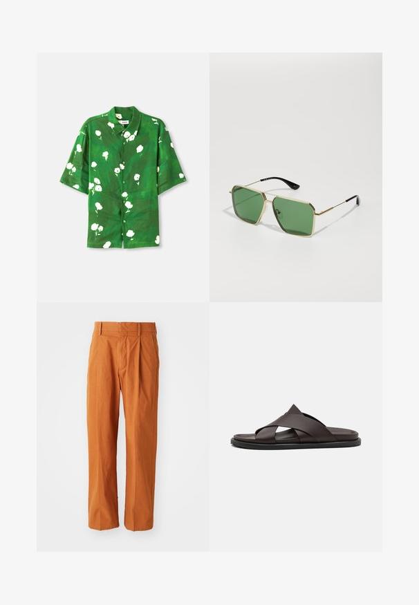 Kortærmet button-up skjorte i grøn stof med hvidt blomsterprint, der har en camp krave og afslappet pasform. Tekstureret, let materiale.; Orange bomuldsbukser med lige pasform, der har frontfolder, bæltestropper og en glat tekstur. Klassisk design uden mønstre.; Stuart Weitzman BERKLEY - Slip-on sandaler - espresso; Guldfarvede solbriller med grønne linser, geometrisk form og sorte plastik templer. Letvægtskonstruktion med diskrete accenter.