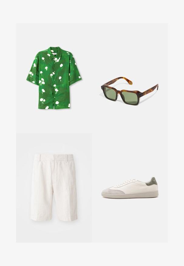Kortærmet button-up skjorte i grøn stof med hvidt blomsterprint, der har en camp krave og afslappet pasform. Tekstureret, let materiale.; Linnedeleshorts i lys beige med elastisk talje, sidelommer og lige snit. Glat tekstur med minimal synlig syning.; Hvid lav sneaker med lysegrå ruskind på tå og hæl, hvide snørebånd og en flad beige sål, vist fra ydersiden.; Firkantede solbriller med en skildpaddefarvet stel, grønne linser og tykke arme. Har skarpe hjørner og en blank overflade. Justerbar pasform.