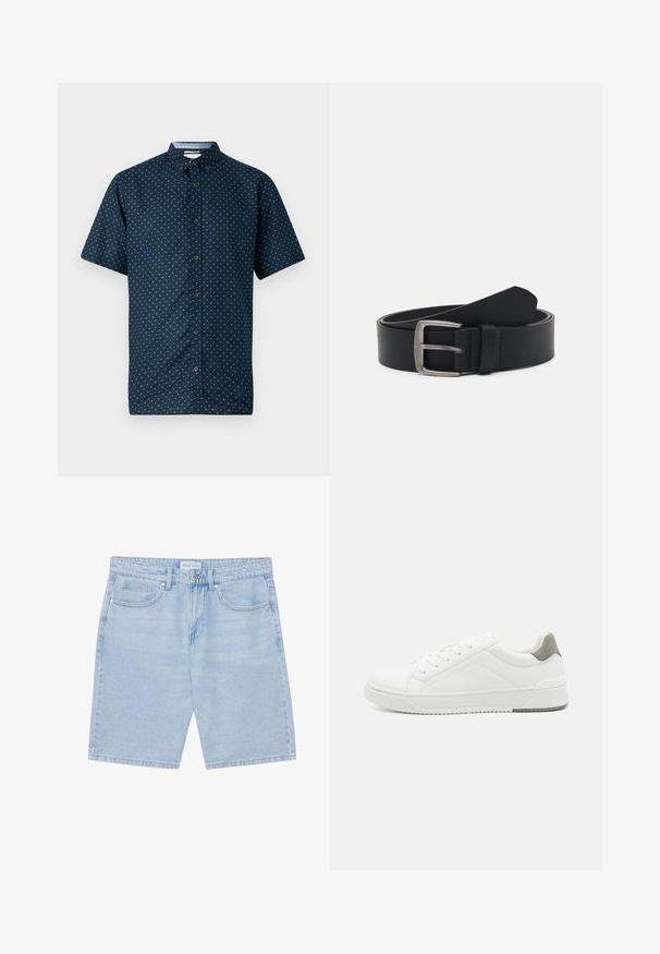 Korte ærmer navy knap-op skjorte med et lille hvidt bladmønster, krave og mørke knapper. Fremstillet af letvægtsstof, glat tekstur.; Lys blå denimshorts med lige snit, der har frontlommer, knaplukning og en slidt finish. Klassisk fem-lomme-design.; Hvid sneaker lavet af glat læder, rund tå, minimalistisk design, grå hælafsats og tekstureret gummisål.; Sorte læderbælte med en spænde i sølvmetal, der har en glat overflade og et klassisk design. Bæltet er rullet op med enden pegende.