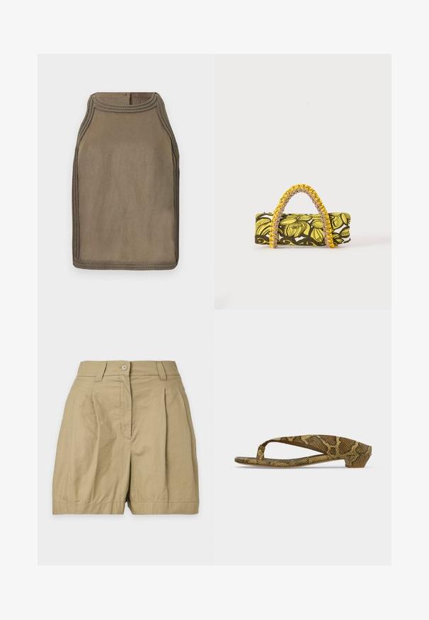 Top sans manches en lin vert olive avec bordure tressée le long de l'encolure, des emmanchures et de l'ourlet, fermeture par un bouton au col arrière.; Short beige taille haute avec fermeture par bouton et zip, passants de ceinture et plis sur le devant, présenté sur un fond uni.; Sandale tong marron imprimé serpent, talon bas et bout ouvert, conçue pour un usage décontracté.; Sac rectangulaire avec motif floral jaune et noir et anse tressée jaune et rose sur fond blanc.