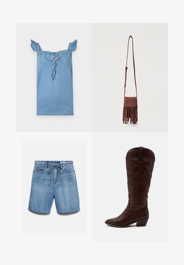Haut en denim bleu clair avec des bretelles à volants, un col froncé et un lien à tirer à l'avant. Texture lisse, design décontracté.; Short en denim bleu avec poches avant et passants pour ceinture, agrémenté d'un cordon noué à la taille et de plis horizontaux délavés.; Botte de cowboy haute en cuir marron avec des coutures détaillées, un bout pointu et un talon bloc sur un fond clair uni.; Sac bandoulière en suède marron avec longue sangle, motif décoratif cousu sur le rabat, et franges pendantes le long du bord inférieur.