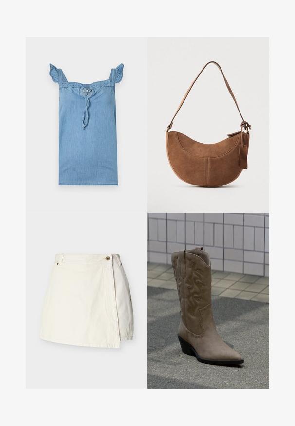 Lysblå denimtop med flæser på skulderstropperne, en samlet halsudskæring og en snoretræk foran. Glat tekstur, afslappet design.; Hvid denim mininederdel med omslagsfront, bæltestropper og metallukning på linningen.; Høj, beige cowboystøvle i ruskind med dekorative syninger og nitteaccenter, med spids snude og skråsort hæl på fortovet.; Brun ruskinds håndtaske med en buet, halvmåneformet silhuet. Har en skulderrem, et lille mærke og synlige sømme langs kanterne.