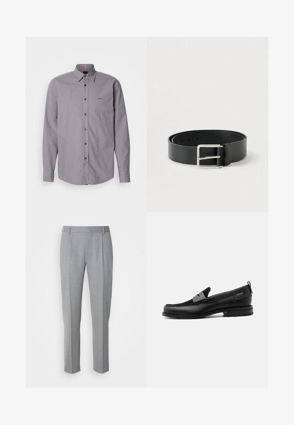 Chemise grise à manches longues en coton avec un col boutonné, ornée de boutons noirs et d'un logo discret sur la poitrine gauche.; Pantalons gris sur mesure avec une texture lisse, présentant un devant plat, des jambes droites et de légères pinces pour plus de détail.; Mocassin en cuir noir avec détail de bride grise, talon bas et semelle texturée, marqué "HUGO" en or sur le côté.; Ceinture en cuir noir à finition lisse, avec une boucle rectangulaire en métal argenté et plusieurs trous de réglage.