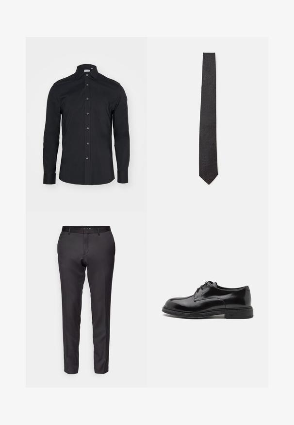 Schwarze Langarm-Button-Up-Bluse mit klassischem Kragen. Hergestellt aus glattem Stoff, verfügt über Vorderknöpfe und abgerundete Manschetten.; Maßgeschneiderte schwarze Hose aus einem glatten Stoff, mit schlanker Passform, geradem Bein und flachem Frontdesign mit Gürtelschlaufen.; Schwarze Lederschuhe mit einem glatten Finish, abgerundeter Spitze und Schnürsenkeln. Sie verfügen über eine dicke schwarze Sohle und feine Nähte entlang der Kante.; Schmale schwarze Krawatte mit einem dezenten geometrischen Muster, gefertigt aus glattem Stoff und mit einer spitzen Spitze.