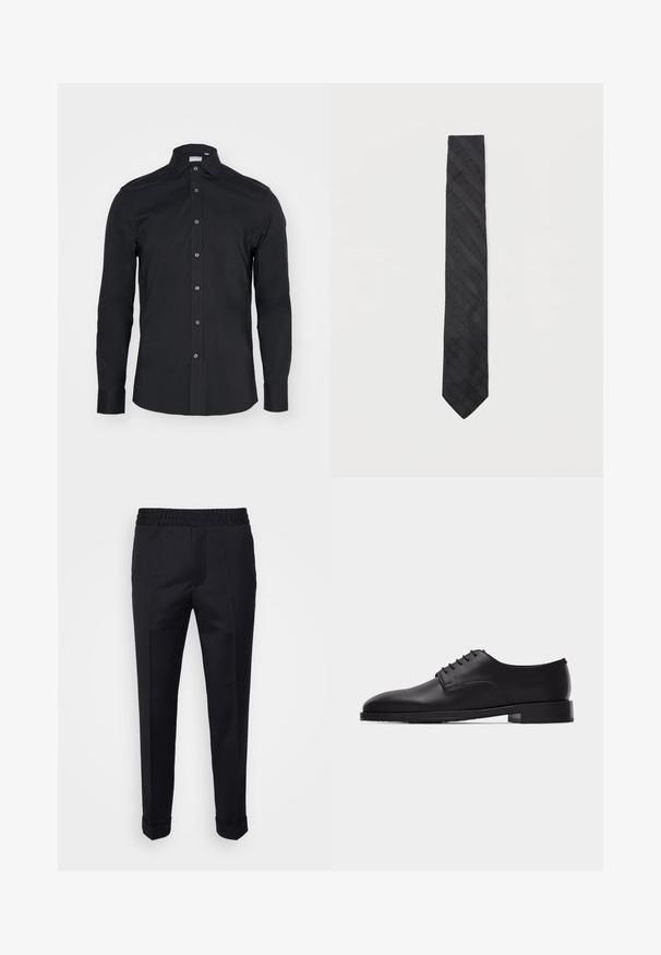 Sort langærmet skjorte med knapper og klassisk krave. Lavet af glat stof, har frontknapper og rundede manchetter.; Sorte bukser lavet af letvægtsstof, med elastisk talje, sidelommer og oprevne kant. Glat tekstur med frontvendinger.; Sort læder Oxford-sko til mænd med lukkede snørebånd og lavt stablet hæl, vist i sideprofil mod en hvid baggrund.; Sort butterfly med et struktureret, diagonalt stribet mønster. Lavet af glat stof, har den en smal bredde og en spids ende.