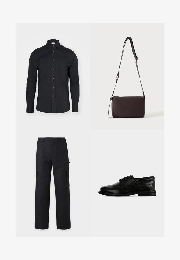 Schwarze Langarm-Button-Up-Bluse mit klassischem Kragen. Hergestellt aus glattem Stoff, verfügt über Vorderknöpfe und abgerundete Manschetten.; Schwarze Cargo-Hose mit geradem Bein, seitlichen Klappentaschen und Gürtelschlaufen, aus strukturiertem Stoff.; Schwarzer Herrenschuh aus Leder mit Schnürsenkeln, niedrigem Absatz und eingeprägtem Markennamen an der Seite, seitliche Ansicht auf weißem Hintergrund.; Dunkelbraune, strukturierte Leder-Crossbody-Tasche mit verstellbarem Riemen und kleinem dekorativen blauen Akzent an der Seite.