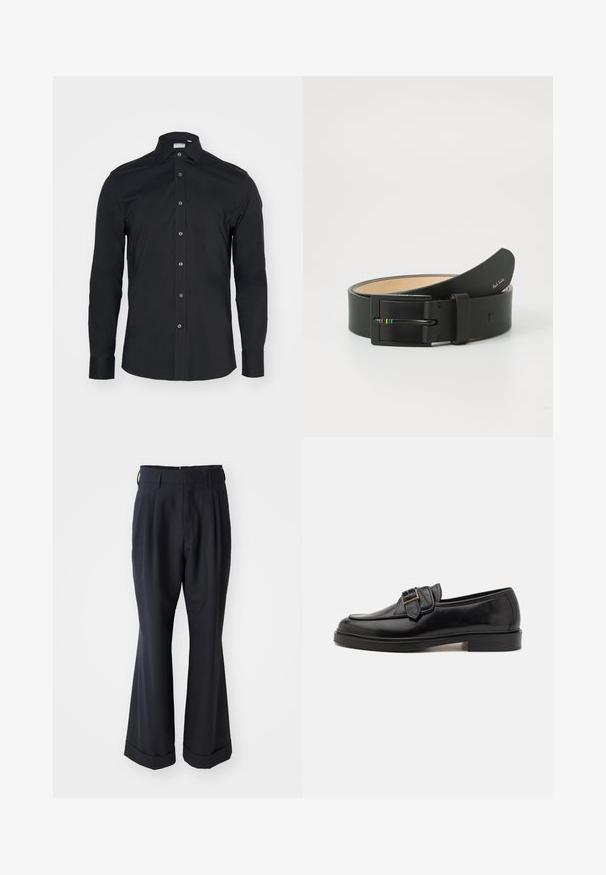 Schwarze Langarm-Button-Up-Bluse mit klassischem Kragen. Hergestellt aus glattem Stoff, verfügt über Vorderknöpfe und abgerundete Manschetten.; Schwarze, maßgeschneiderte Hosen mit lockerer Passform, gefaltetem Vorderteil und weitem Bein. Mit einem umgeschlagenen Saum und glattem Stoffgefühl.; Schwarze Leder-Lederschuhe mit abgerundeter Zehenpartie und dekorativem Schnallenakzent. Flacher, solider Absatz und durchgehend glatte Oberfläche.; Paul Smith MEN BELT STRIPE BUCKLE - Gürtel - black