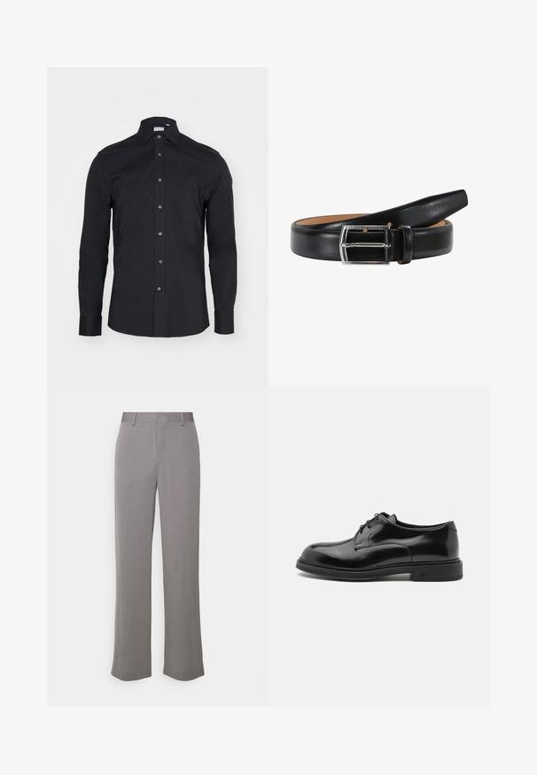 Schwarze Langarm-Button-Up-Bluse mit klassischem Kragen. Hergestellt aus glattem Stoff, verfügt über Vorderknöpfe und abgerundete Manschetten.; Tiger of Sweden TREY - Stoffhose - grey shadow; Schwarze Lederschuhe mit einem glatten Finish, abgerundeter Spitze und Schnürsenkeln. Sie verfügen über eine dicke schwarze Sohle und feine Nähte entlang der Kante.; Schwarzer Leder Gürtel mit glatter Textur, ausgestattet mit einer silbernen rechteckigen Schnalle und einem hellbraunen Innenfutter. Das Ende ist abgerundet für einen eleganten Look.