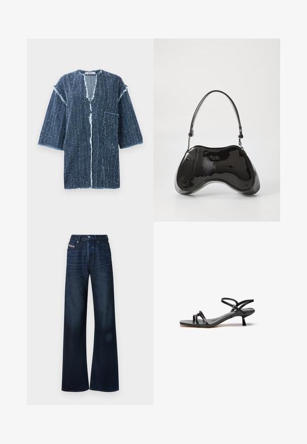 Veste courte à manches courtes, en bleu foncé texturé, avec un décolleté en V, des bords effilochés, une poche avant et une coupe ample. Conçue avec un devant ouvert.; Jean large à jambes larges bleu foncé en denim. Comprend une fermeture à boutons, un design à cinq poches et un léger délavage sur le devant.; Sandale en cuir noir au design épuré et minimaliste. Dotée de deux fines lanières et d'un petit talon incliné. Texture lisse et bout ouvert.; Sac à main en cuir verni noir avec une forme incurvée unique, une anse courte et ajustable, et une fermeture zippée. Texture lisse avec un branding discret.