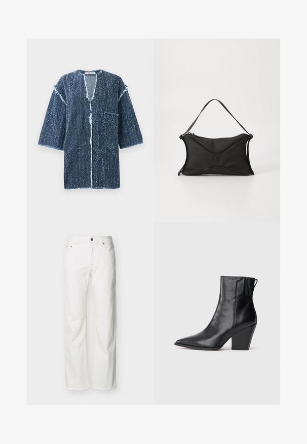Veste courte à manches courtes, en bleu foncé texturé, avec un décolleté en V, des bords effilochés, une poche avant et une coupe ample. Conçue avec un devant ouvert.; Jean blanc à jambes droites avec poches avant, passants pour ceinture, fermeture par bouton, et coutures visibles sur un fond uni.; Bottes noires en cuir jusqu'aux chevilles avec un bout pointu, un dessus texturé et un talon épais. Présente un panneau élastique sur le côté pour un enfilage facile.; Sac à main noir en matériau doux et texturé. Présente un design ondulé, une bandoulière unique et un détail logo subtil à l'avant.