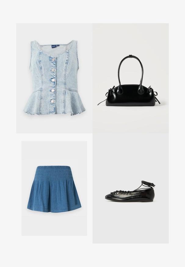Top peplum de mezclilla azul claro con escote en forma de U, seis botones de presión plateados y detalles de costura en todo el diseño.; Falda azul hasta la rodilla con cintura fruncida y tela recogida para una silueta acampanada, mostrada sobre un fondo blanco liso.; Zapatos planos tipo ballet de charol negro con punta redondeada, diseño con cordones y suela plana. Textura lisa con detalles mínimos.; Pequeño bolso negro brillante con dos asas largas y detalles de cordón lateral sobre un fondo claro liso.
