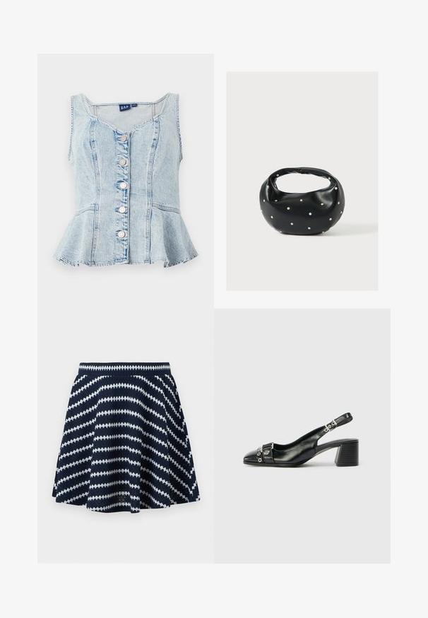 Lichtblauwe denim peplumtop met een ronde halslijn, zes zilveren drukknoopjes en gestikte details overal.; Marineblauwe gebreide rok met witte diagonale zigzagstrepen en een elastische tailleband, uitlopende silhouet.; Zwart leren slingback hak met een spitse neus, eenTextuur strap met cirkelvormige metalen accenten en een gestapelde blokhak.; Zwarte leren handtas met een afgeronde vorm, versierd met zilveren studs, en een korte handgreep. Gladde textuur en ritsluiting.