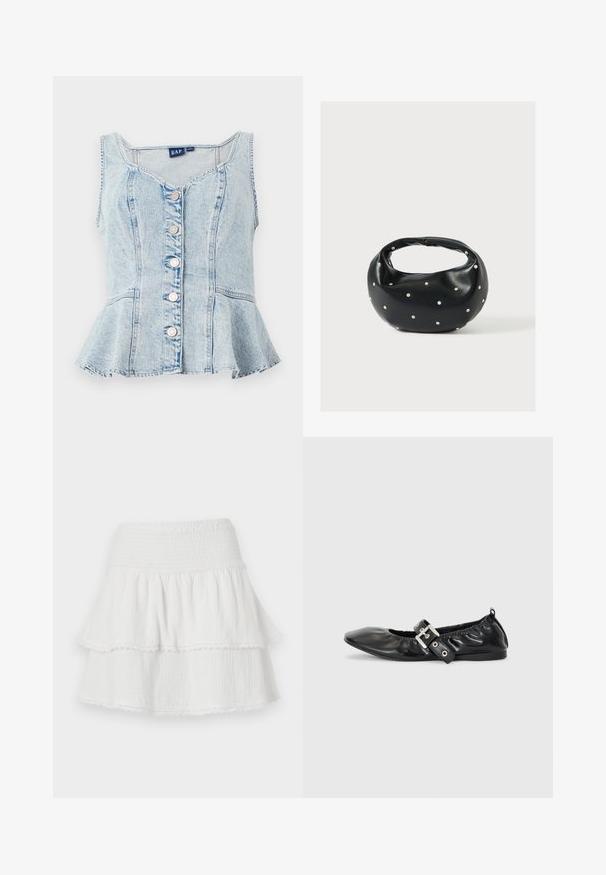 Top peplum en denim bleu clair présentant un col rond, six boutons-pression argentés et des détails en coutures sur l'ensemble.; Mini-jupe blanche à volants avec taille élastiquée smockée et délicate bordure en dentelle sur chaque ourlet de volants.; Chaussure plate en cuir noir avec un nez pointu, des détails froncés autour de l'ouverture et un accent en boucle argentée sur la bride ajustable.; Sac à main en cuir noir de forme arrondie, décoré de clous argentés et équipé d'une poignée courte. Texture lisse et fermeture éclair.