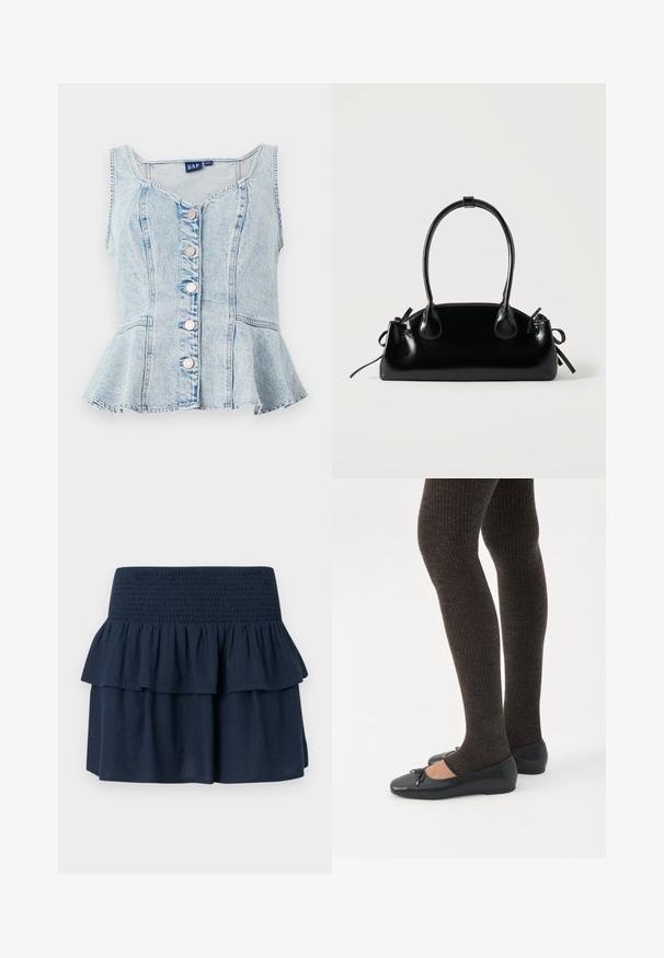 Lichtblauwe denim peplumtop met een ronde halslijn, zes zilveren drukknoopjes en gestikte details overal.; Marineblauwe minirok met brede geplooide tailleband en gelaagde ruches bovenaan.; Benen met donkere geribbelde leggings gecombineerd met zwarte ballerina's met kleine strikdetails op een witte achtergrond.; Kleine zwarte glanzende handtas met twee lange hengsels en zijkant trekkoord details op een effen lichte achtergrond.
