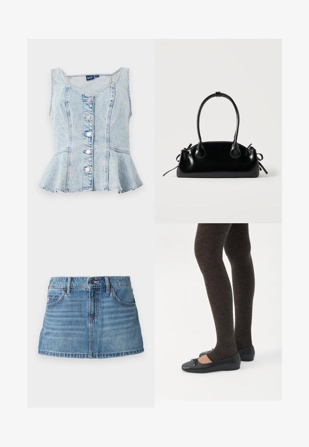 Top peplum de mezclilla azul claro con escote en forma de U, seis botones de presión plateados y detalles de costura en todo el diseño.; Minifalda de mezclilla en azul claro con un diseño estructurado. Cuenta con bolsillos frontales, presillas para cinturón y un ligero desvanecimiento para darle textura.; Piernas con leggings oscuros acanalados combinados con bailarinas negras que presentan pequeños detalles de lazo sobre un fondo blanco.; Pequeño bolso negro brillante con dos asas largas y detalles de cordón lateral sobre un fondo claro liso.