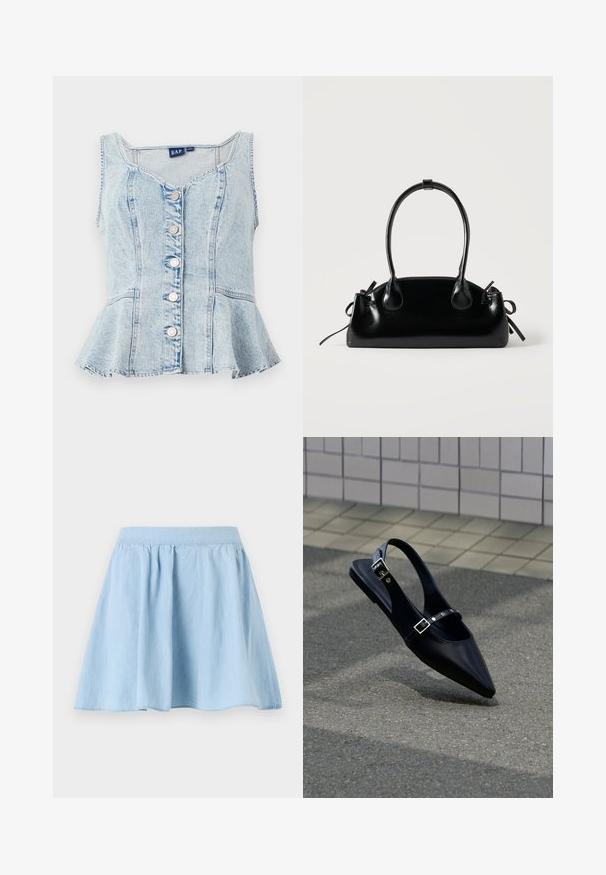 Top peplum en denim bleu clair présentant un col rond, six boutons-pression argentés et des détails en coutures sur l'ensemble.; Jupe en denim bleu clair avec un design évasé, taille froncée et texture lisse. L'ourlet s'arrondit doucement en bas.; Mocassin noir à bout pointu et bride arrière, avec double boucle, posé sur un asphalt gris près d'un mur carrelé en arrière-plan.; Petit sac à main noir brillant avec deux longues anses et des détails à cordon sur les côtés sur un fond clair uni.