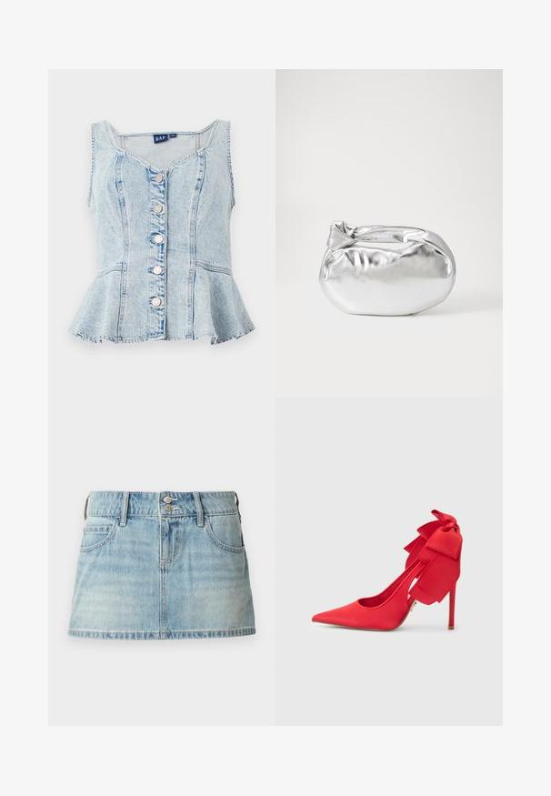 Lyseblå denim peplum-top med scoop neckline, seks sølvfarvede trykknapper og sømdetaljer over hele kroppen.; Denimnederdel i lys blå, med en tætsiddende talje, to forlommer, to-knapslukning og en frynset kant.; Rød satin højhælet sko med spids tå og en stor sløjfe på hælen, med en udskåret detalje og en stiletthæl.; Sølvmetallic pose med en blød, rund form og en knyttet lukning foroven. Fremstillet af glat faux lædermateriale.