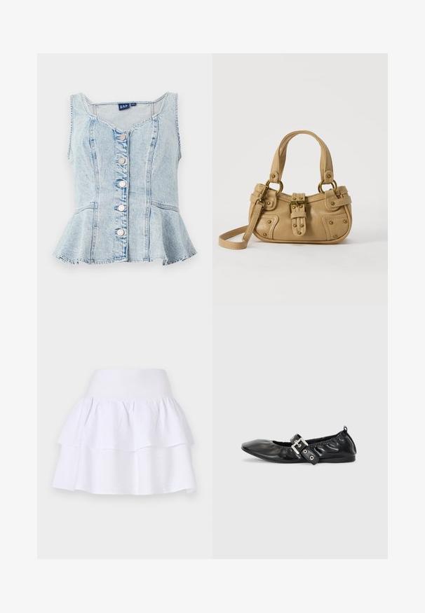 Top peplum de mezclilla azul claro con escote en forma de U, seis botones de presión plateados y detalles de costura en todo el diseño.; Falda blanca de volantes hecha de un tejido ligero, con un diseño ligero que cuenta con una cinturilla elástica y dos capas con volantes.; Zapato plano de piel negra con puntera afilada, detalle fruncido alrededor de la abertura y un acento de hebilla plateada en la correa ajustable.; Bolso de cuero beige con doble asa, hebilla y remaches de latón, y una correa de hombro ajustable sobre un fondo blanco.
