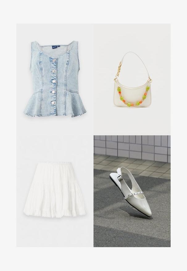 Lyseblå denim peplum-top med scoop neckline, seks sølvfarvede trykknapper og sømdetaljer over hele kroppen.; Hvid lagdelt nederdel med elastisk taljebånd og flæset kant, lavet af letvægtsstof.; Hvid spids slingback flad sko med to sølvspænder, vist udendørs på tekstureret underlag og flisebelagt væg baggrund.; Hvid krokodille-præget håndtaske med et buet design, pyntet med farverige perlebesætninger i grøn, orange og beige, med en guldkæde som rem.
