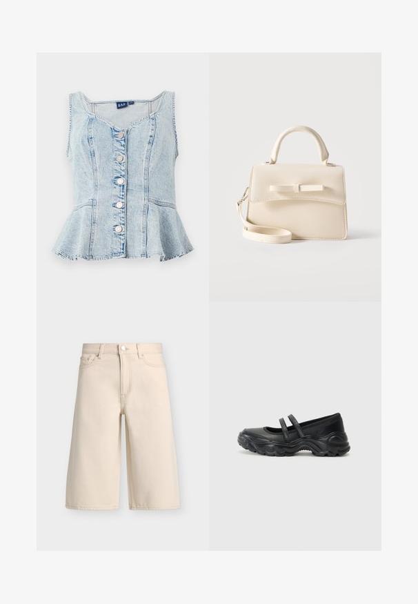 Top peplum de mezclilla azul claro con escote en forma de U, seis botones de presión plateados y detalles de costura en todo el diseño.; Pantalones cortos de mezclilla beige hasta la rodilla con botón y cremallera delanteros, trabillas para cinturón y estilo de cinco bolsillos.; Bailarinas de charol negro con dos correas ajustables, puntera redonda y suela de goma texturizada para mayor agarre.; Pequeño bolso beige con asa superior, correa desmontable, solapa frontal y lazo decorativo horizontal sobre un fondo liso.