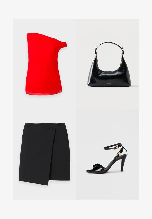 Blouse sans manches rouge vif à une épaule avec un décolleté drapé et un design asymétrique sur fond uni.; Jupe portefeuille noire avec une texture lisse, dotée d'une fermeture éclair sur le côté et de deux passants de ceinture. Design simple sans motifs ni accents visibles.; Sandale à talon haut en cuir verni noir avec double bride de cheville et boucles dorées, bout ouvert, et talon effilé sur fond neutre.; Sac à main Calvin Klein noir brillant avec fermeture éclair dorée et anse courte sur fond blanc uni.