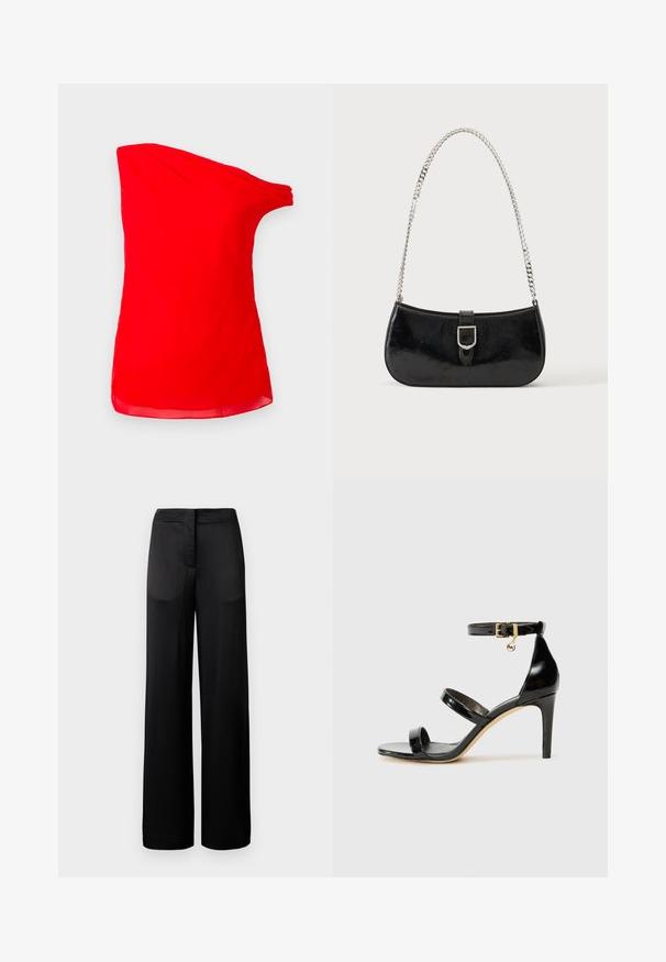 Blouse sans manches rouge vif à une épaule avec un décolleté drapé et un design asymétrique sur fond uni.; Pantalons noirs à jambes larges avec une surface texturée, dotés d'une taille plate et de deux poches latérales. Le tissu semble léger et fluide.; Sandale en cuir verni noir avec trois brides, boucle de cheville et talon aiguille de 10 cm. Présente un détail en métal doré et un charm logo.; Sac à épaule en cuir verni noir avec détail de boucle argentée et bandoulière en chaîne argentée, présenté sur un fond uni clair.