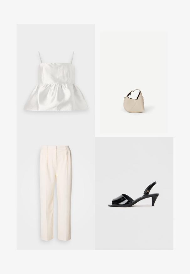 Top de satén blanco con tirantes finos y un corsé ajustado que se ensancha en un dobladillo de peplum fruncido, textura suave con un ligero brillo.; Lacoste Pantalones - lapland; Zapatos de tacón de charol negro tipo slingback con punta descubierta, que cuentan con un tacón delgado y un acento de marca en la tira.; Bolso de cuero beige en forma de media luna con una sola correa para el hombro y costuras mínimas, colocado sobre un fondo blanco liso.