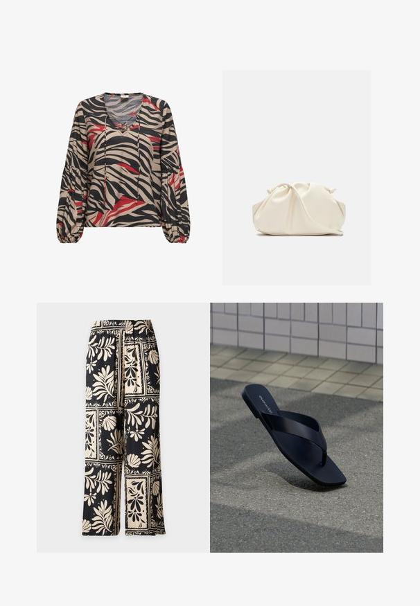 Blouse met lange mouwen met beige, zwarte en rode zebraprint, V-hals met bindkoorden en geplooide manchetten op een witte achtergrond.; Wijde broek met zwarte en beige bloemen- en bladmotieven gerangschikt in vierkante blokken, voorzien van een elastische tailleband.; Zwarte teenslipper met vierkante neus en merknaam op het voetbed, rechtop geplaatst op gestructureerde bestrating nabij betegelde muur.; Zachte, crèmekleurige leren clutch met geplooid, gerimpeld ontwerp en een dunne schouderriem die vooraan op een effen achtergrond ligt.