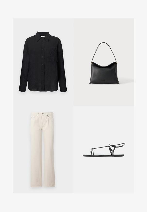 Schwarze Hemd mit Knopfleiste, strukturiertem Muster, spitzem Kragen, langen Ärmeln und einer Brusttasche. Hergestellt aus leichtem Material.; Beige weit geschnittene Jeans aus Baumwolle, mit vorderen Taschen, einem Reißverschluss und einer dezenten strukturierten Oberfläche. Klassisches Design mit lockerer Passform.; Schwarze flache Sandale mit dünnen Riemen, einer Zehenschlaufe und einer verstellbaren Knöchelschnalle auf hellgrauem Hintergrund.; Schwarze Ledertasche mit einem einzelnen Riemen und kleinem goldenem Markenlogo auf schlichtem hellem Hintergrund.