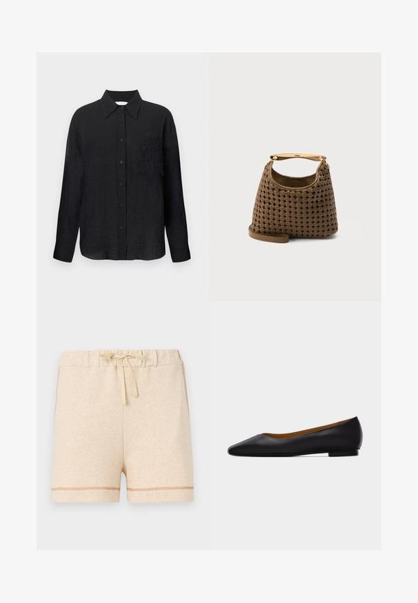 Camisa negra de botones con un patrón texturizado, cuello puntiagudo, mangas largas y un bolsillo en el pecho. Fabricada con tela ligera.; Pantalones cortos de algodón beige con una cintura elástica y cordón. Presentan detalles de costura en contraste a lo largo del dobladillo y los lados.; Zapato plano de punta puntiaguda de cuero negro con tacón bajo y acabado liso, mostrado de perfil sobre un fondo gris claro.; Bolso de mano de cuero marrón tejido con asa superior curva dorada y correa de hombro desmontable sobre fondo liso.