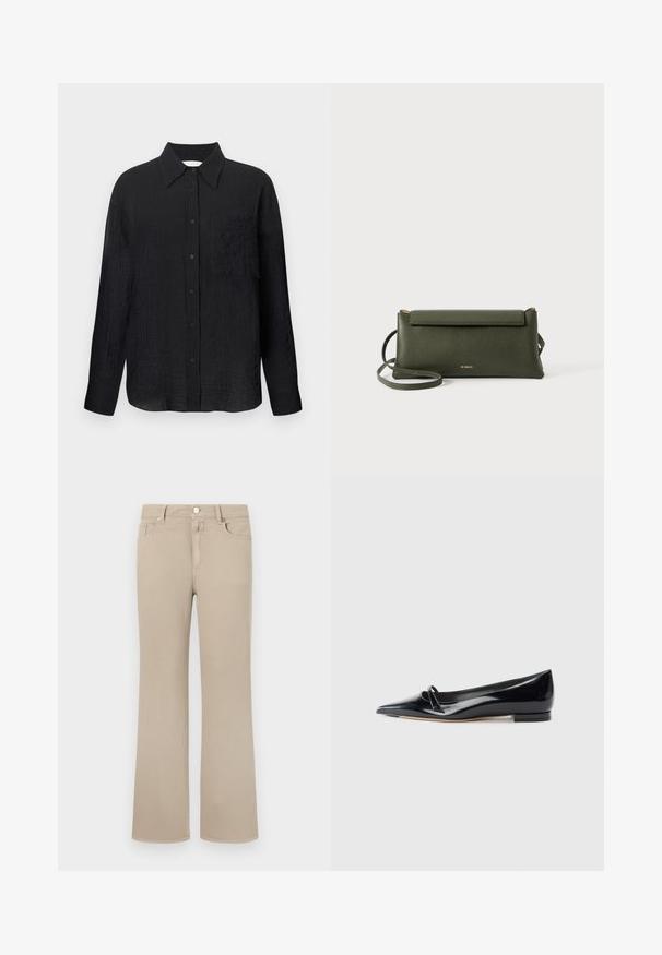 Schwarze Hemd mit Knopfleiste, strukturiertem Muster, spitzem Kragen, langen Ärmeln und einer Brusttasche. Hergestellt aus leichtem Material.; Beige Schlagjeans aus weichem Baumwollstoff. Verfügt über ein klassisches Fünf-Taschen-Design, einen Knopfverschluss und saubere Nähte entlang der Kanten.; Schwarze Lackleder-Ballerina mit spitzem Zehenbereich, kleinem dekorativen Riemen und niedrigem Blockabsatz. Glatte Textur und elegantes Design.; Dunkelgrüne, strukturierte Leder-Crossbody-Tasche mit Klappenverschluss und dünnem verstellbarem Tragegurt, geprägt mit kleinem goldenen "Bee Projects"-Logo.