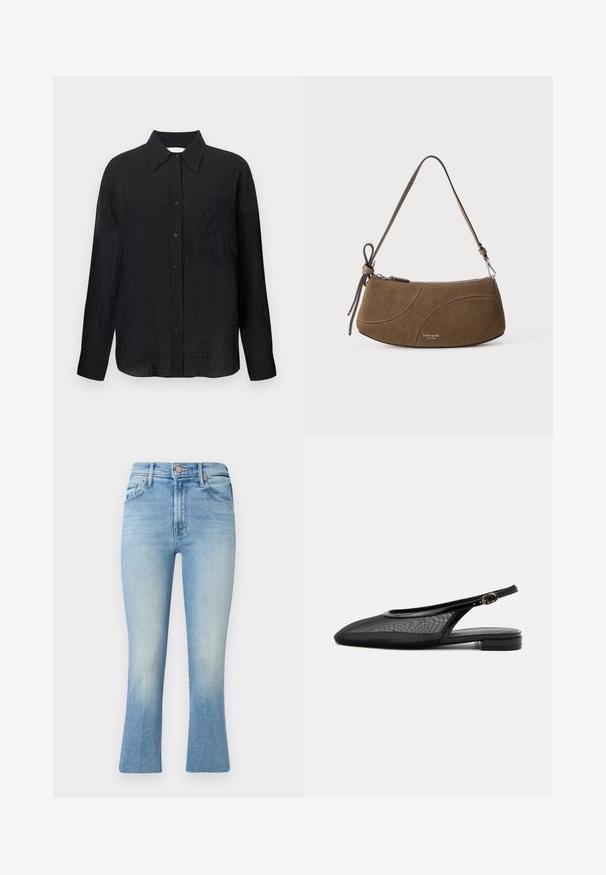 Schwarze Hemd mit Knopfleiste, strukturiertem Muster, spitzem Kragen, langen Ärmeln und einer Brusttasche. Hergestellt aus leichtem Material.; Hellblaue Jeans mit hoher Taille, ausgestelltem Bein und subtilen Verwaschungen. Mit klassischen Taschen und einem Metallknopfverschluss.; Schwarzer Slingback-Flachschuh mit spitzer Kappe, Mesh-Obermaterial, verstellbarem Schnallenriemen und niedrigem Blockabsatz auf weißem Hintergrund.; Braune Wildleder-Schultertasche mit kurzem Trageriemen, Reißverschluss und dezenten, geschwungenen Steppnähten.
