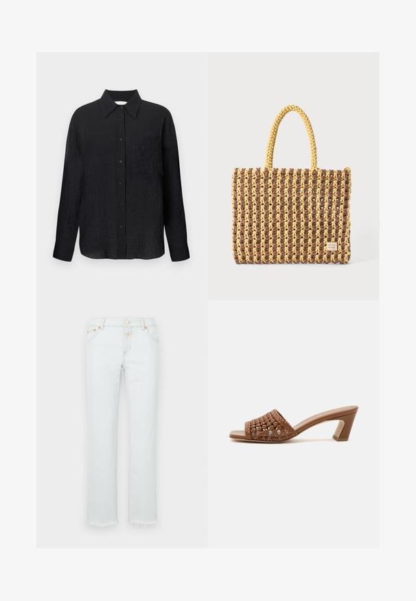 Schwarze Hemd mit Knopfleiste, strukturiertem Muster, spitzem Kragen, langen Ärmeln und einer Brusttasche. Hergestellt aus leichtem Material.; Helle Denim-Jeans mit geradem Bein, einem ausgefransten Saum, kupferfarbenen Hardware-Elementen und einem Fünf-Taschen-Design.; Brauner gewebter Open-Toe-Mule mit Blockabsatz und Slip-On-Design auf schlichtem weißen Hintergrund.; Gewebte Tasche in Braun und Gelb, mit rechteckiger Form, zwei Tragriemen und einer strukturierten Oberfläche mit sichtbaren Nähten und einem Markenschild.